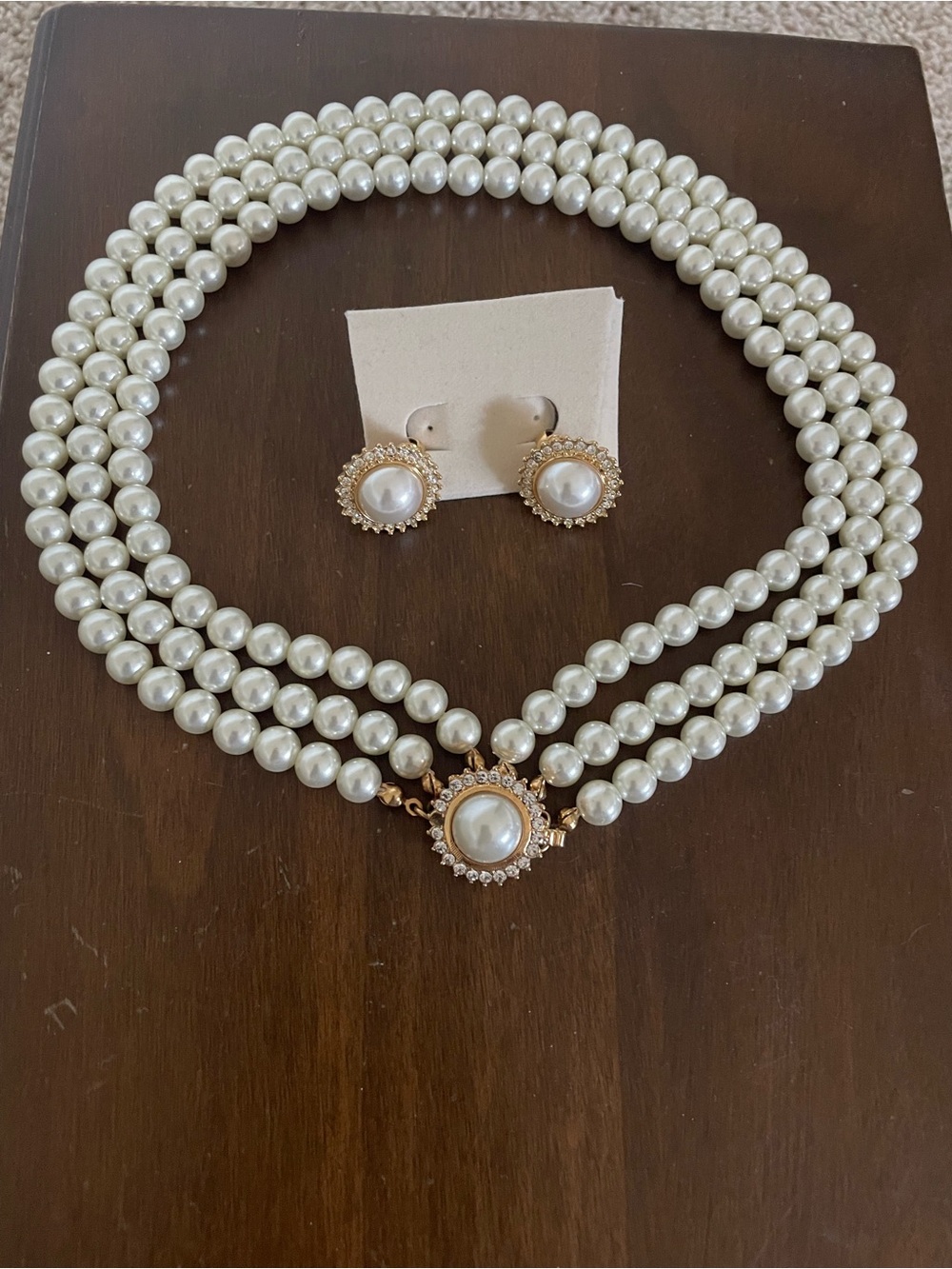 Triple Strand Faux Pearl Necklace with Matching Clip On Earrings